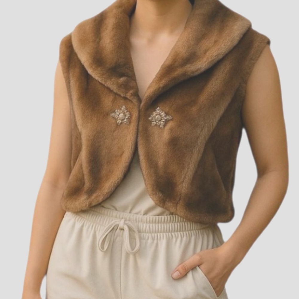 Alberto Makali Brown Faux Fur Vintage Vest Sonny Cher Bono Bejeweled XL